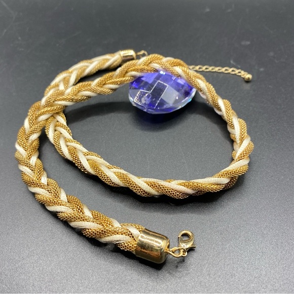 Mesh Chain Satin Braid Gold Tone Necklace - Picture 3 of 7